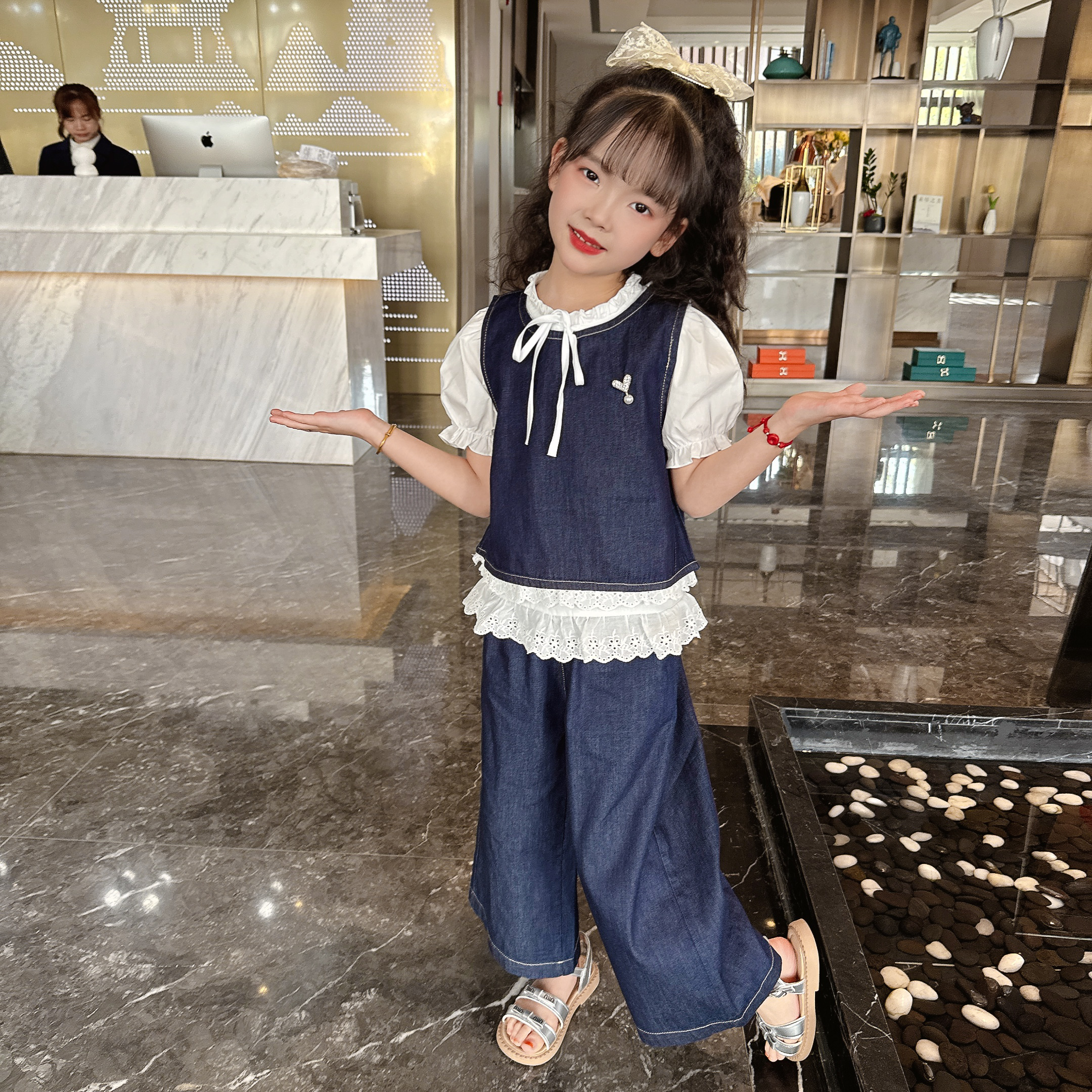 【现货】2025女童夏款洋气甜美薄款三件套 女宝宝韩版牛仔套装甜美