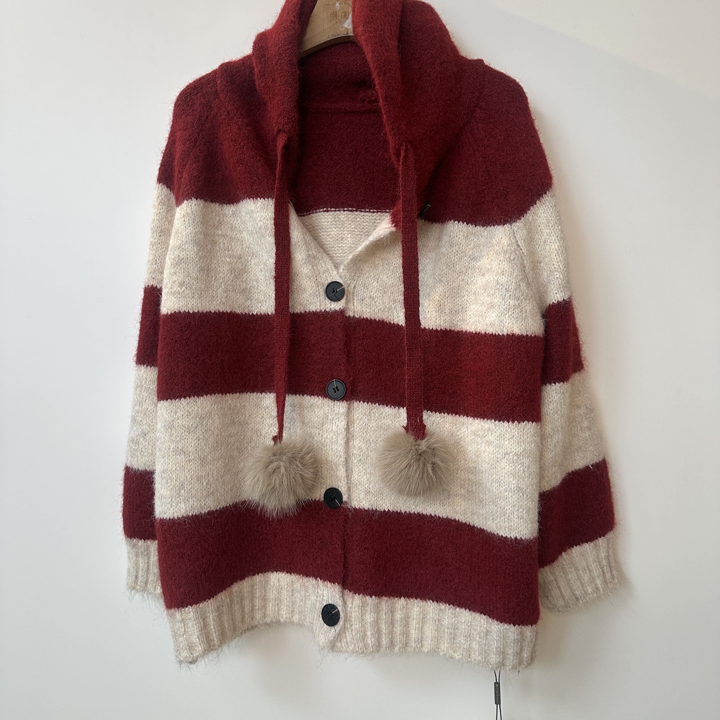 连帽时尚条纹毛针织衫冬季上衣秋冬针织撞色女百搭长袖带帽秋季