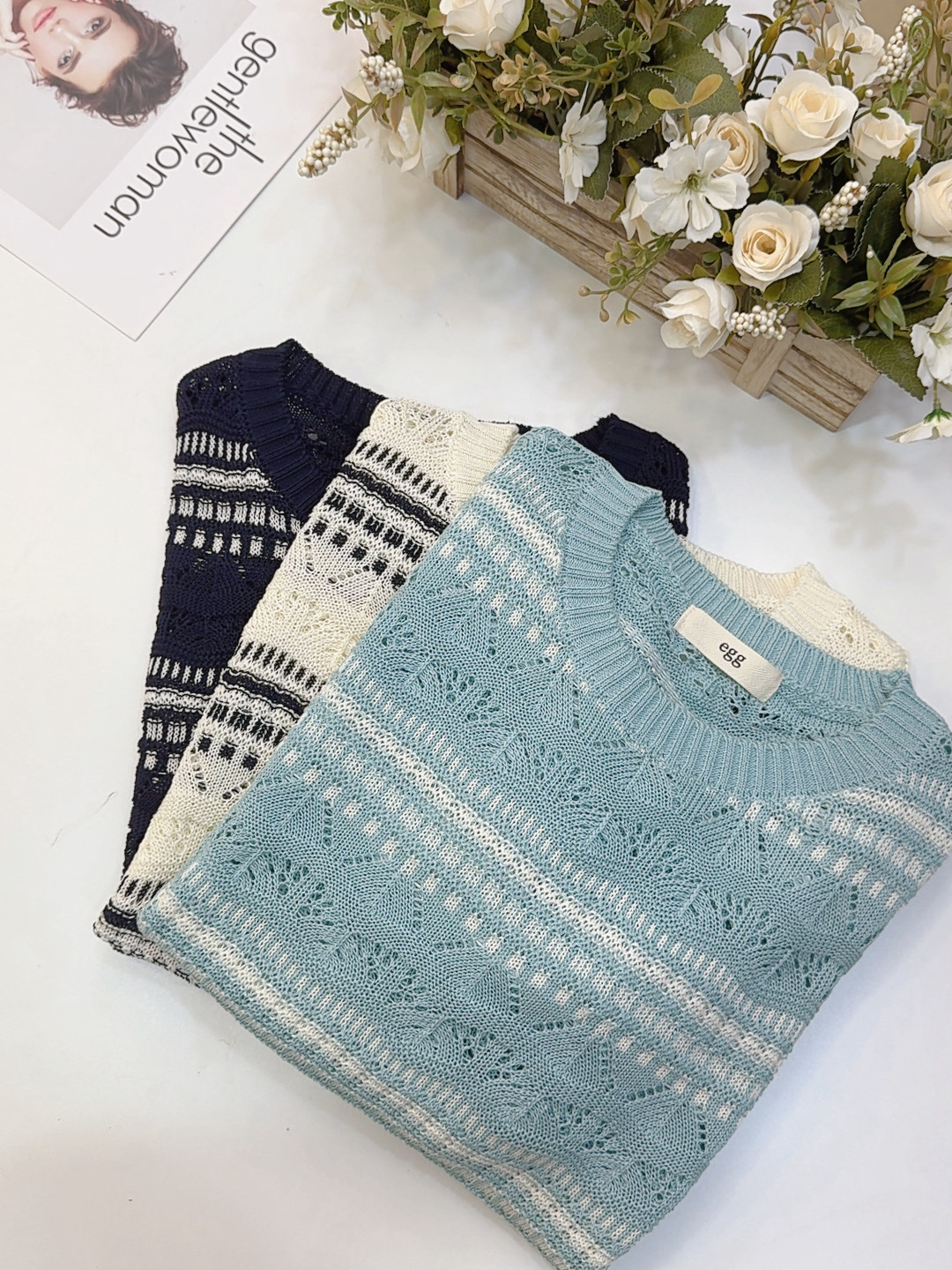 冠之绣  egg镂空条纹时尚短袖圆领上衣休闲宽松显瘦