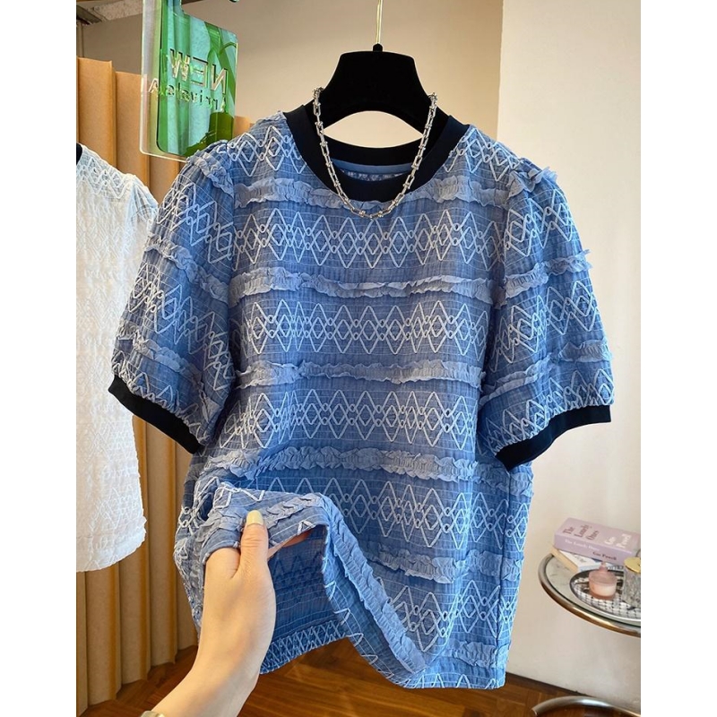 P0110欧货网纱拼接泡泡袖上衣女衬衫短袖套头圆领蓝色洋气小衫