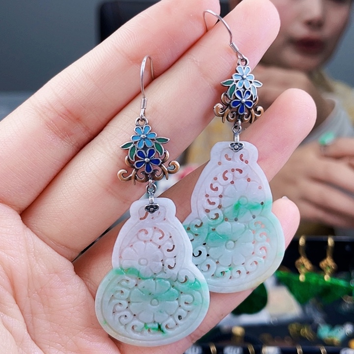 翡翠耳饰银S925镶嵌饰品