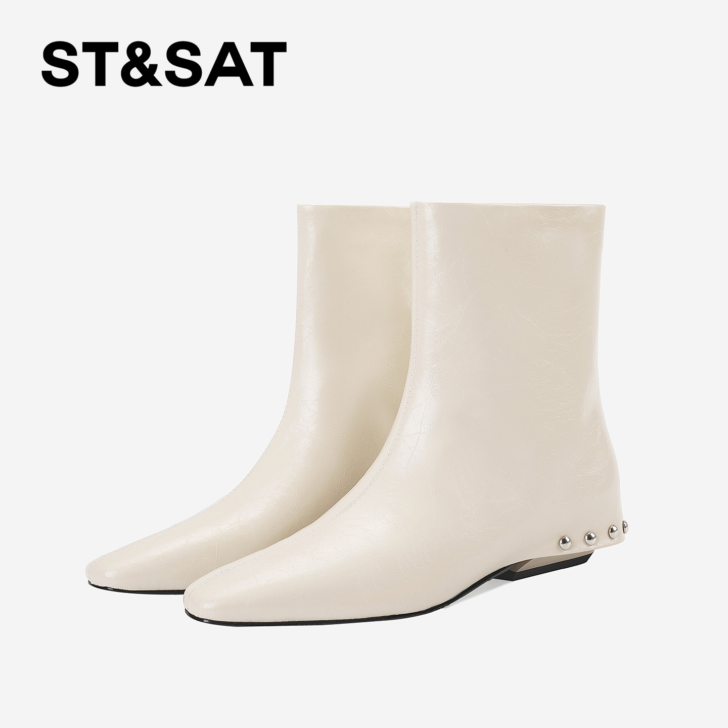 St&Sat/星期六时尚法式方头铆钉短靴真皮百搭气质粗跟秋冬时装靴