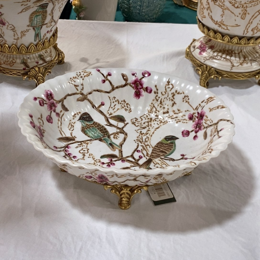 摆件F3274铜配瓷喜上眉梢果斗果盘