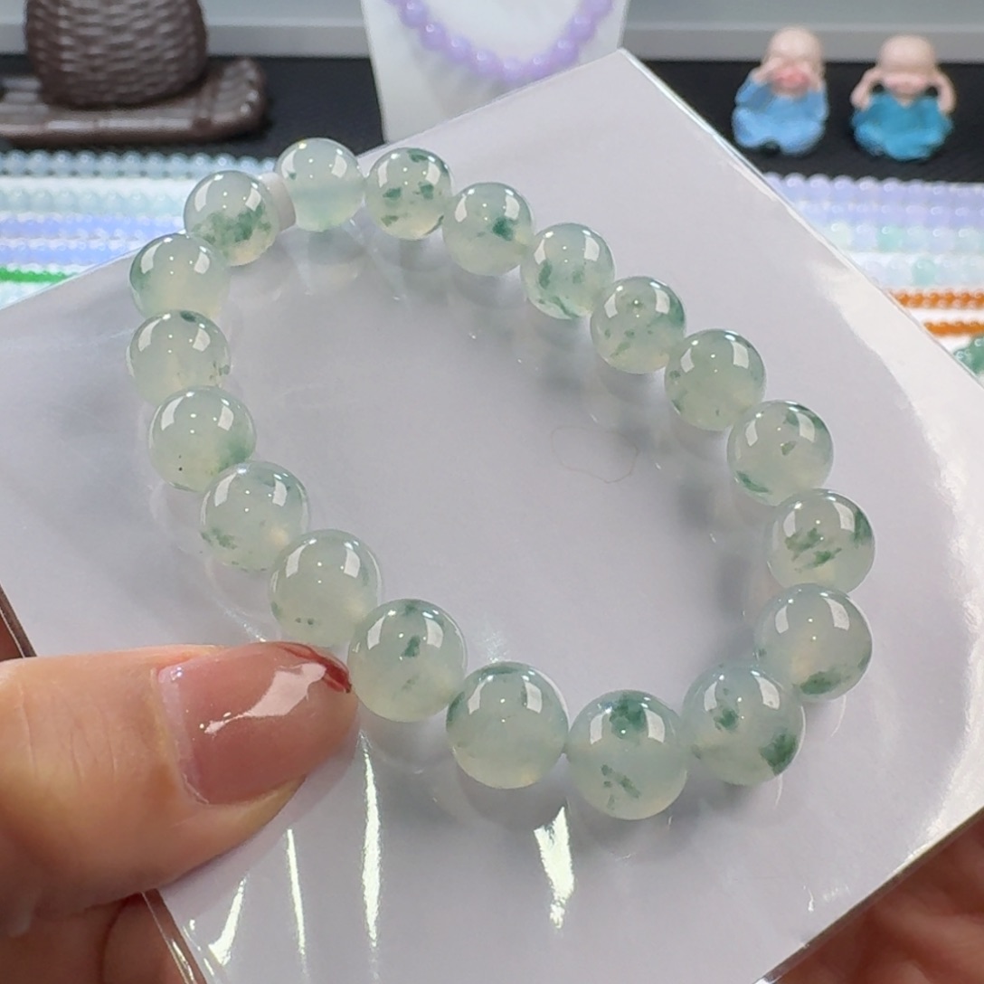 翡翠手链未镶嵌冰胶飘绿花单圈10mm