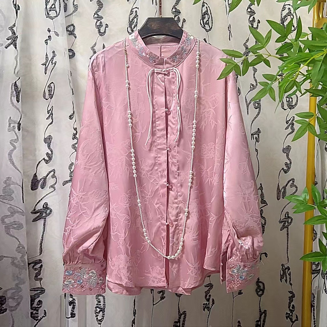 YANG国风新中式刺绣重工粉色衬衫胖妹妹宽松显瘦对襟上衣505