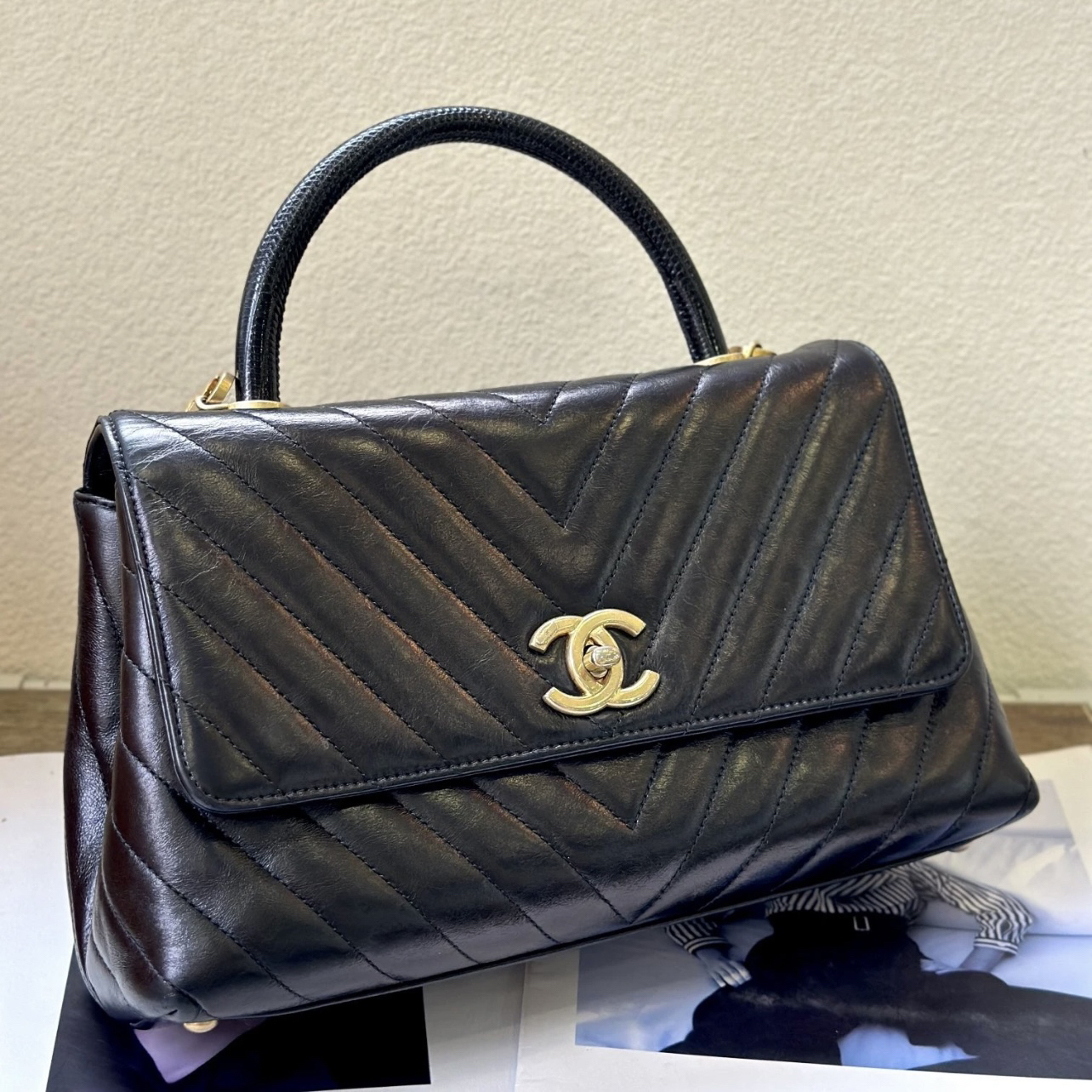 95新 Chanel/香奈儿 艾瑟尔中古/黑金v纹coco handle单肩包/