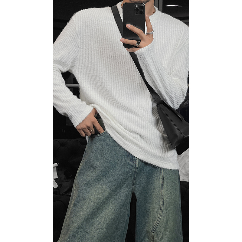 2024秋季新款百搭慵懒风亲肤感坑条纹轻薄休闲打底衫ins圆领上衣