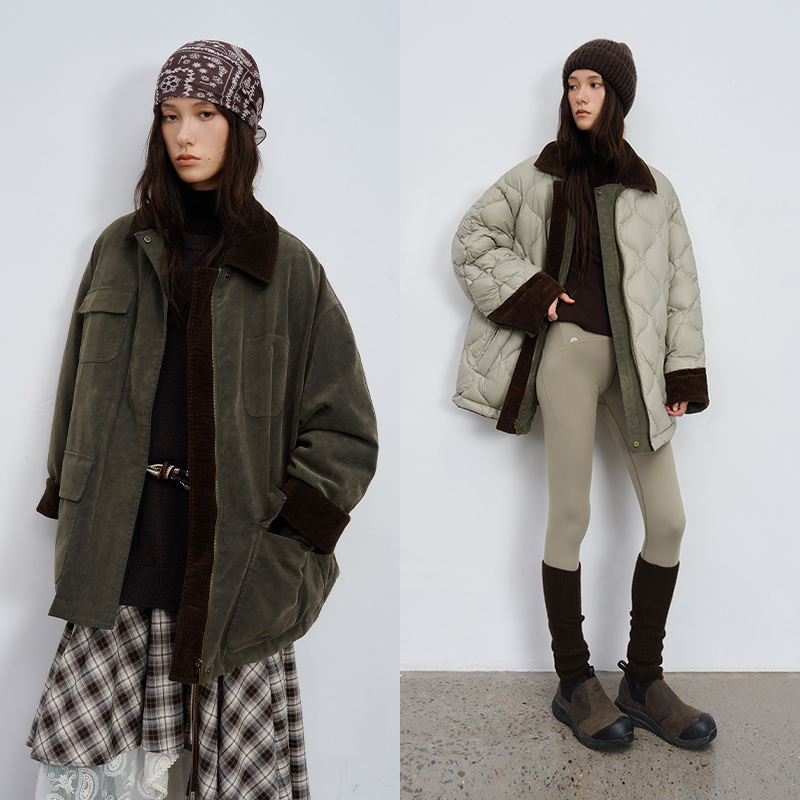 半圆女装2025【新国标90绒】两面穿印花水洗宽松羽绒服女D59211122