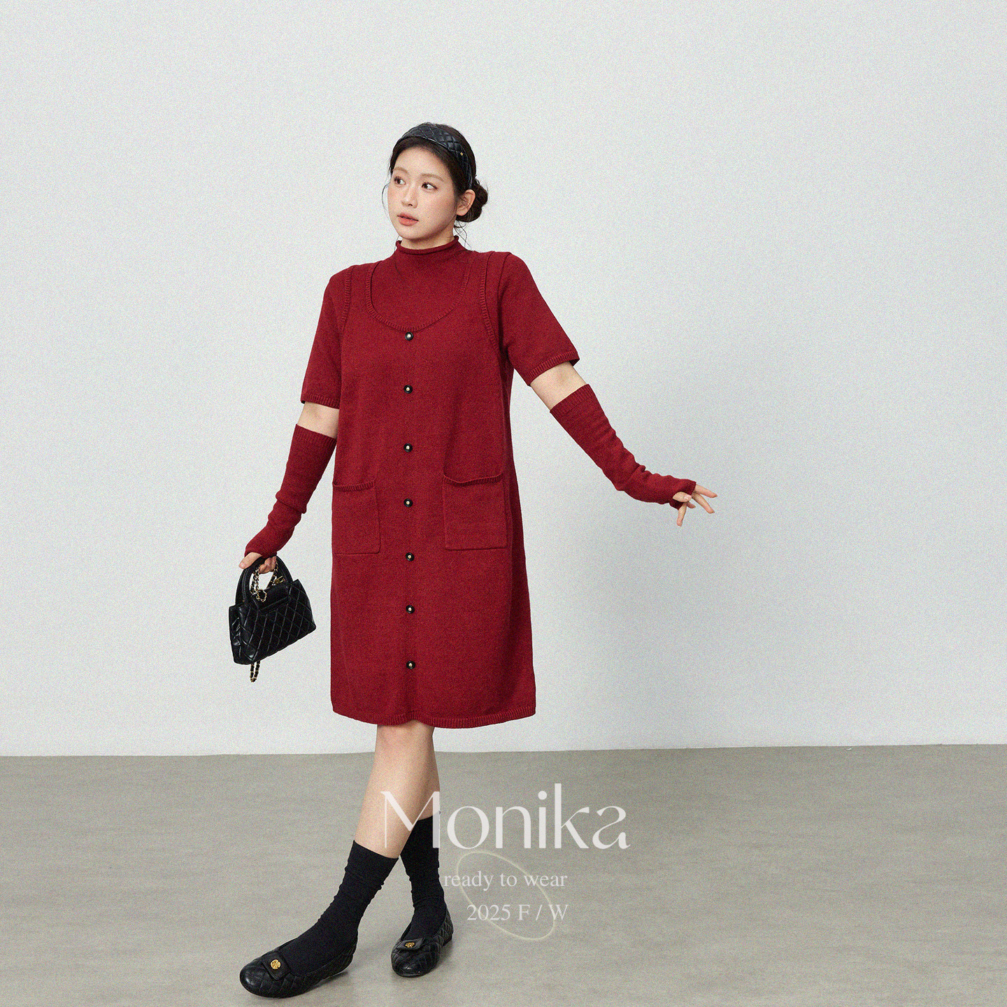 大码女装长袖针织连衣裙纽扣中长款冬季单排扣袖套款裙子L23556