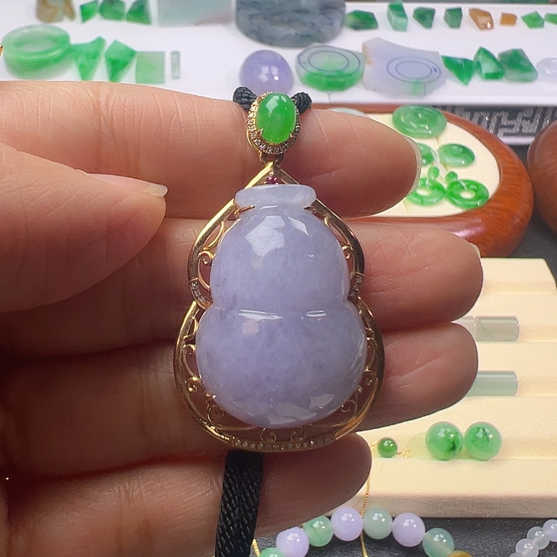 翡翠18K金镶嵌颈饰翡翠冰紫镶嵌葫芦卡29.8