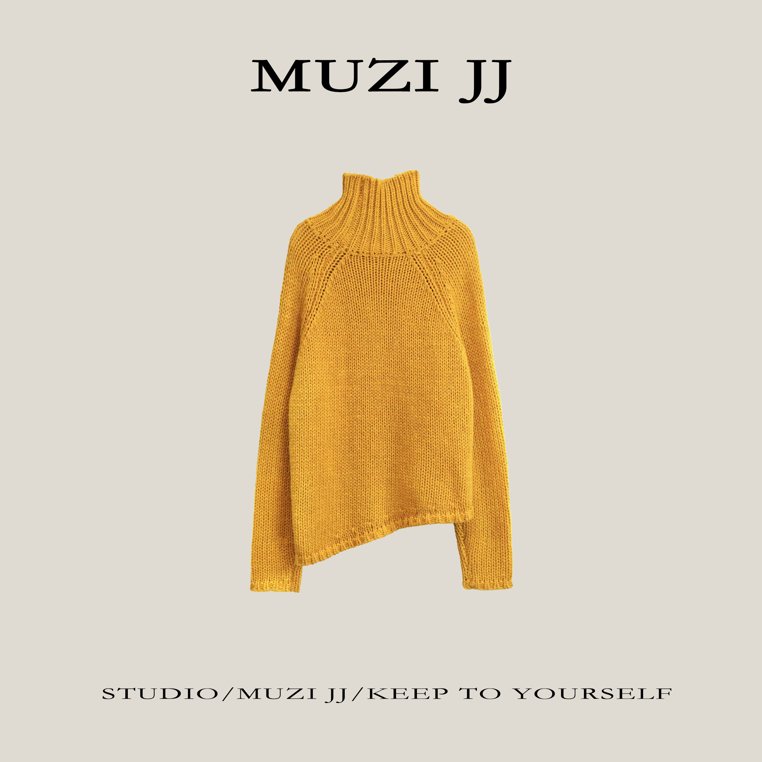 MUZI-72200#净色休闲慵懒风开叉下摆宽松高领毛衣