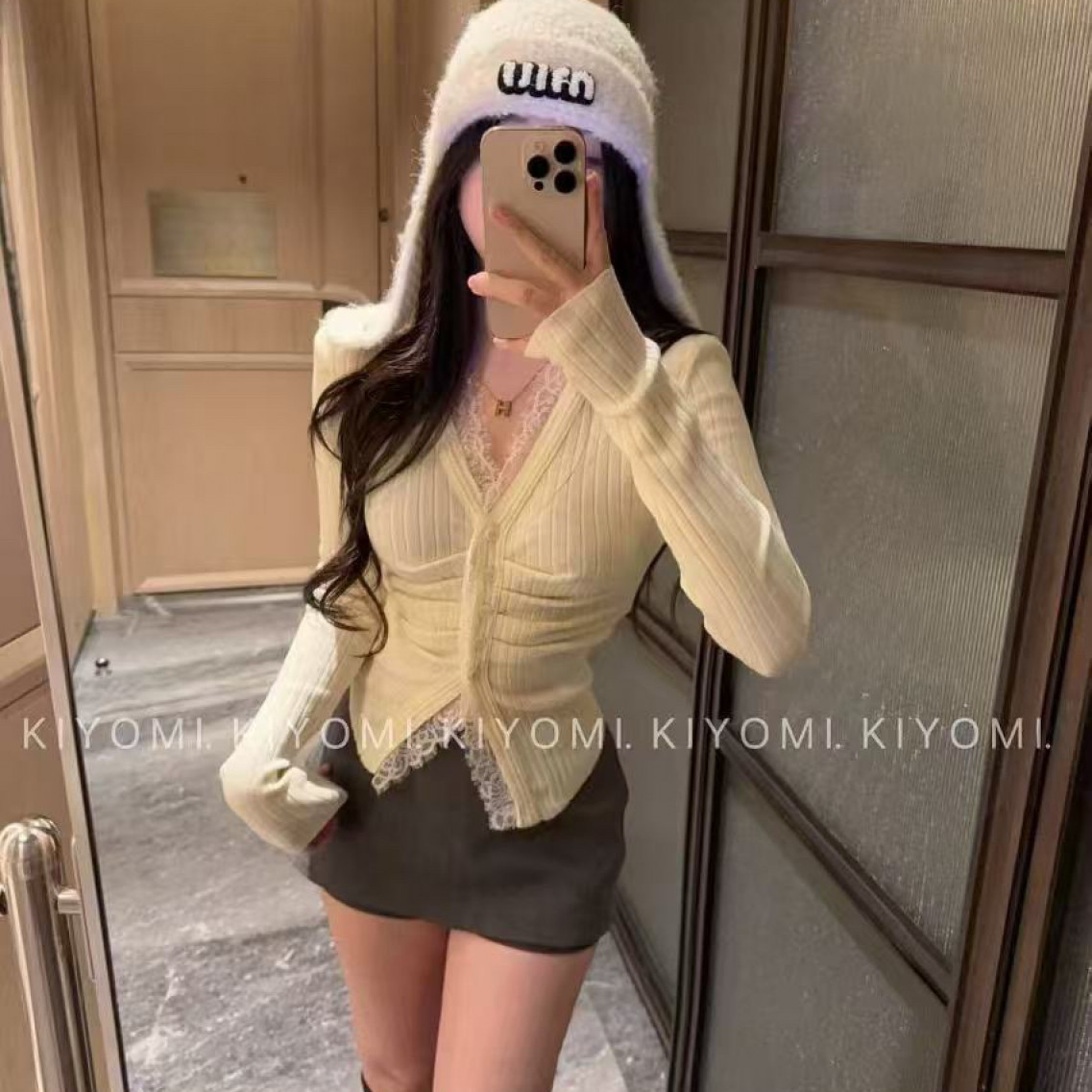 （海狮）2024秋冬新款纯欲甜美辣妹蕾丝花边褶皱打底针织衫长袖上衣