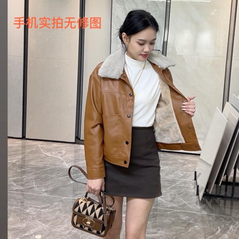 2025新款毛领加绒加厚港风皮衣短款翻领皮衣女外套夹克皮衣女外套