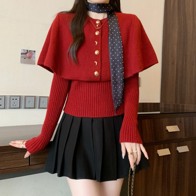 设计感小香风波点飘带斗篷披肩上衣女大码胖MM高级红色针织衫上衣