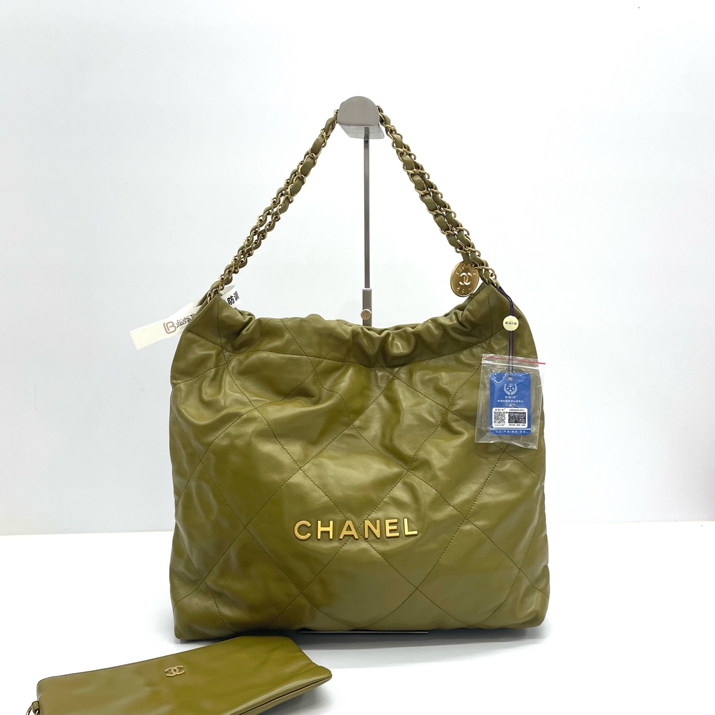 95新 Chanel/香奈儿 98新 23A 22bag 绿色棱格纹托特垃圾袋 中号