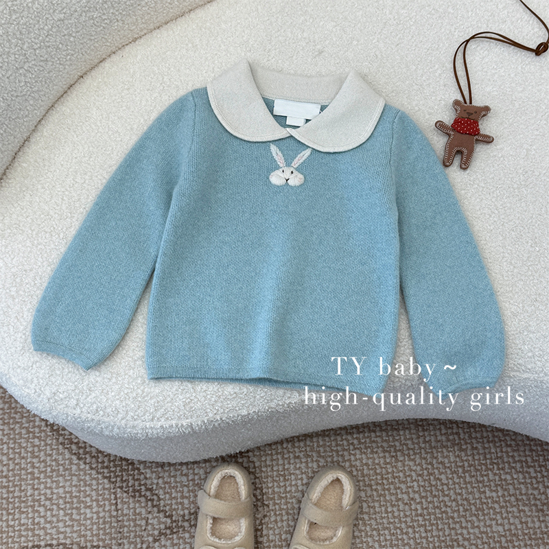 冬装女小童韩版洋气刺绣兔子撞色翻领套头针织毛衣NNT0116