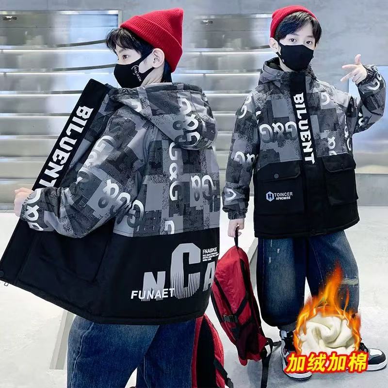 201380童装男童棉衣2025冬潮酷时尚洋气夹棉加绒加厚棉服连帽外套