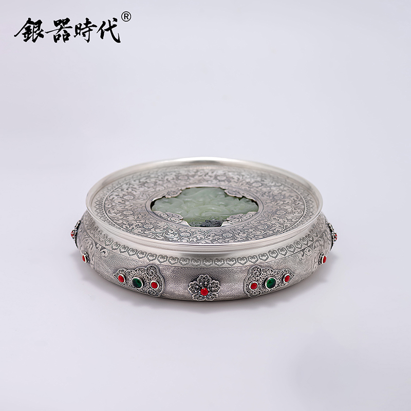 银器时代 足银999壶承纯手工精工錾刻卷草纹花丝茶盘银茶道配件