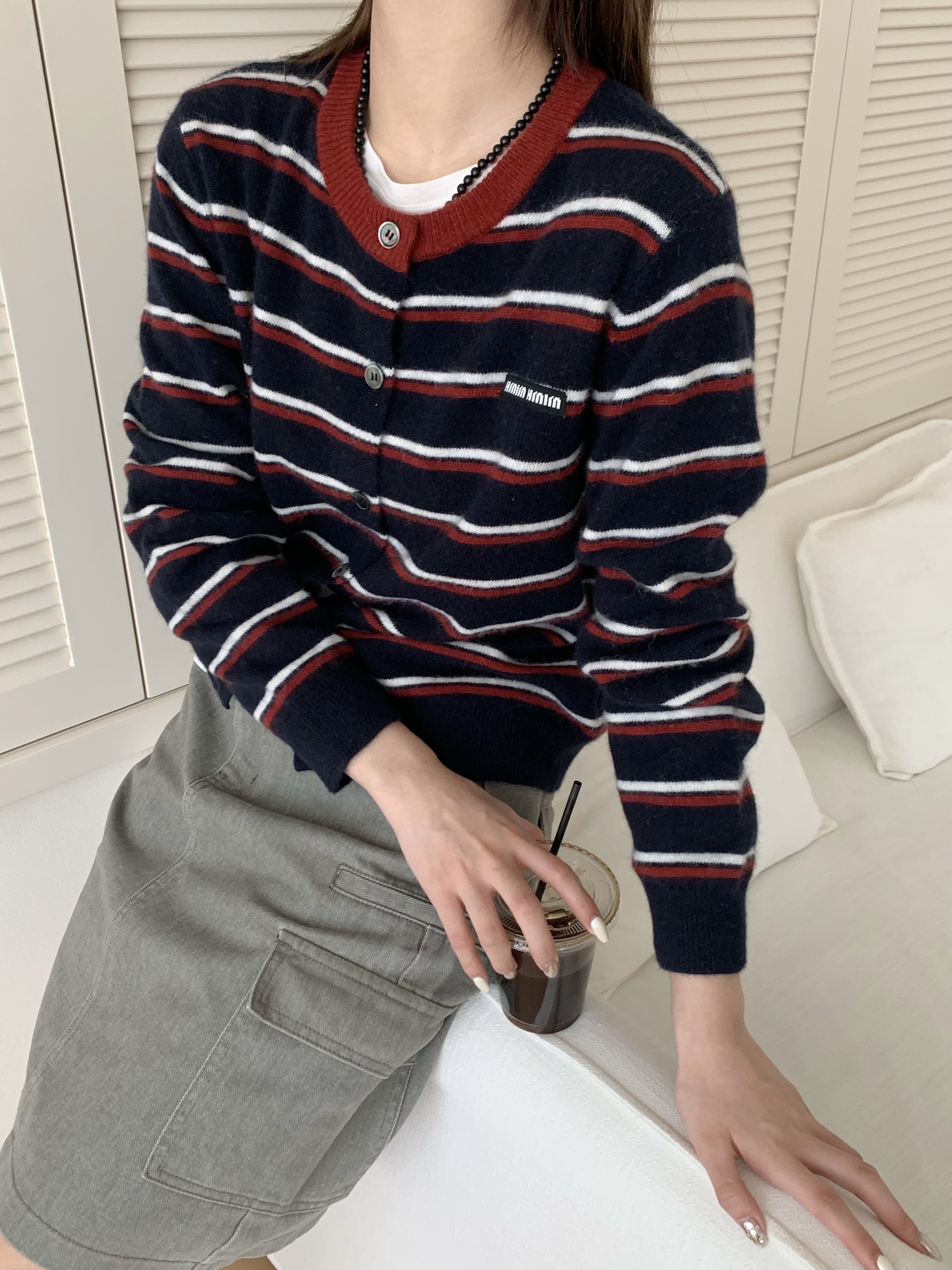 【潘潘.518885】 福秋冬新款藏羊绒miu系条纹开衫显瘦休闲开衫