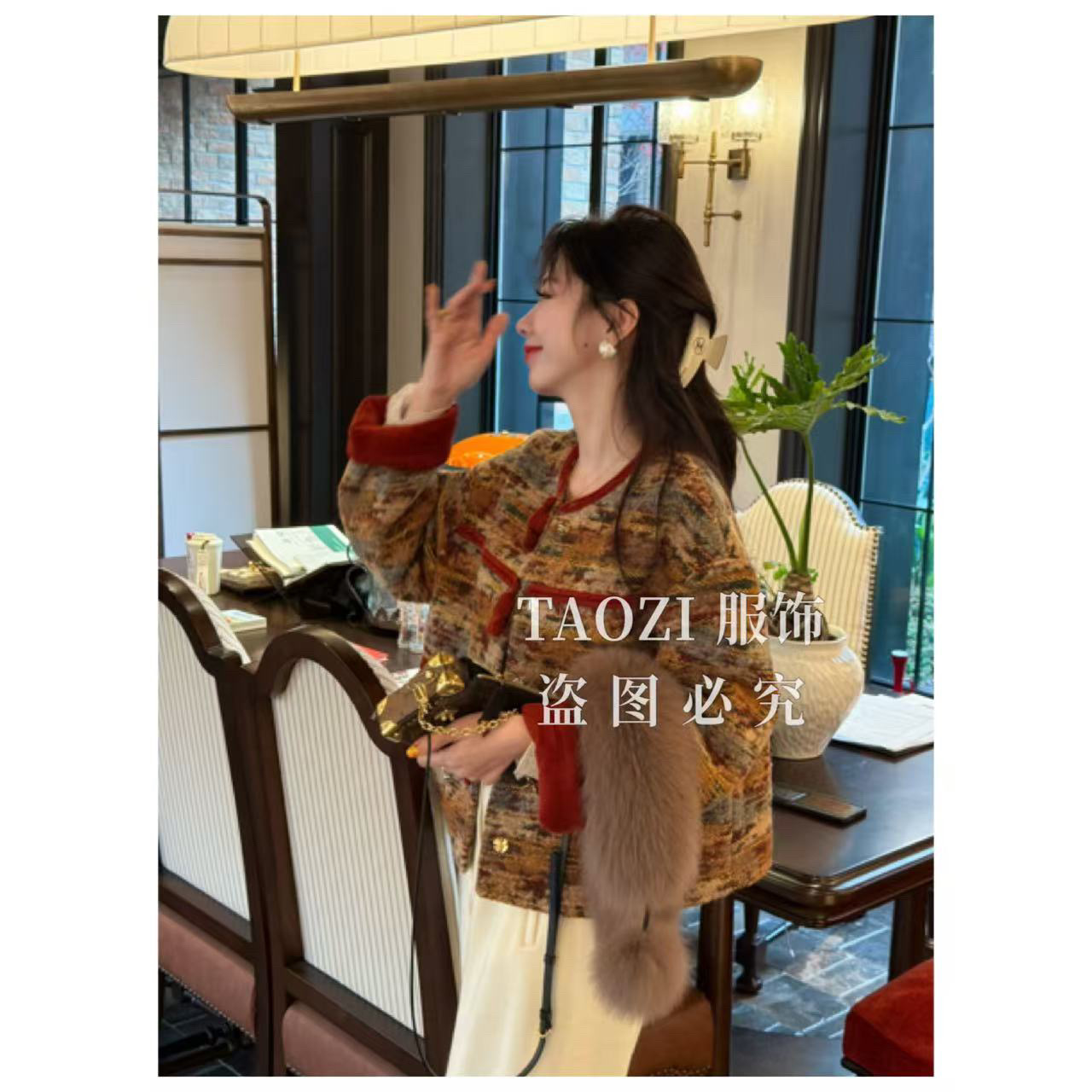 【现货秒发】11155【红红火火】冬季复古绵羊毛气质保暖羽绒外套