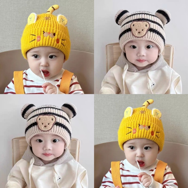 婴儿帽子秋冬季宝宝老虎毛线帽可爱护耳男女童洋气保暖针织儿童帽
