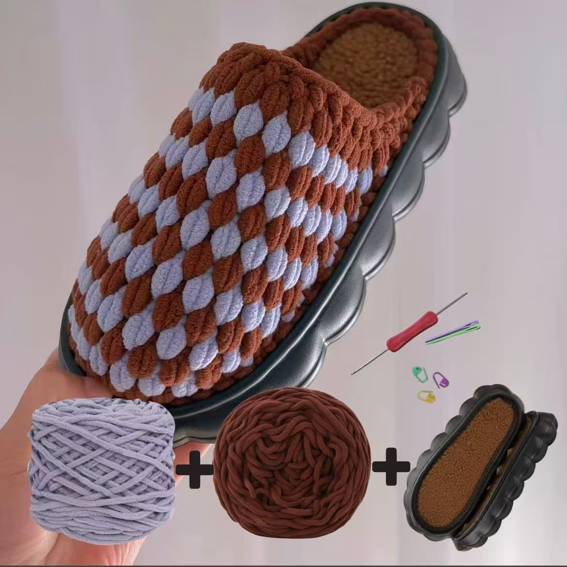 手工编织冰条线秋冬室内家居保暖防滑男女款云朵底绒拖鞋材料包