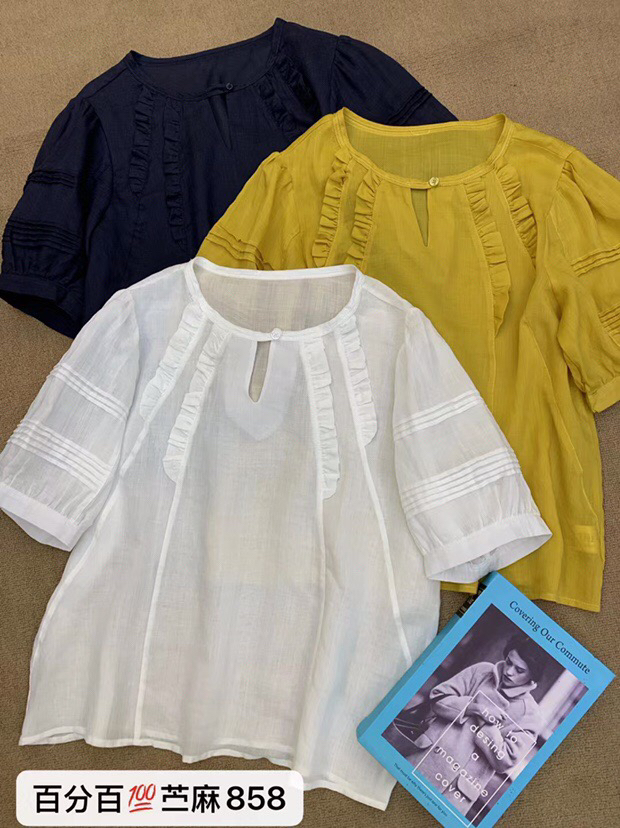 858  夏季圆领韩系苎麻短袖上衣