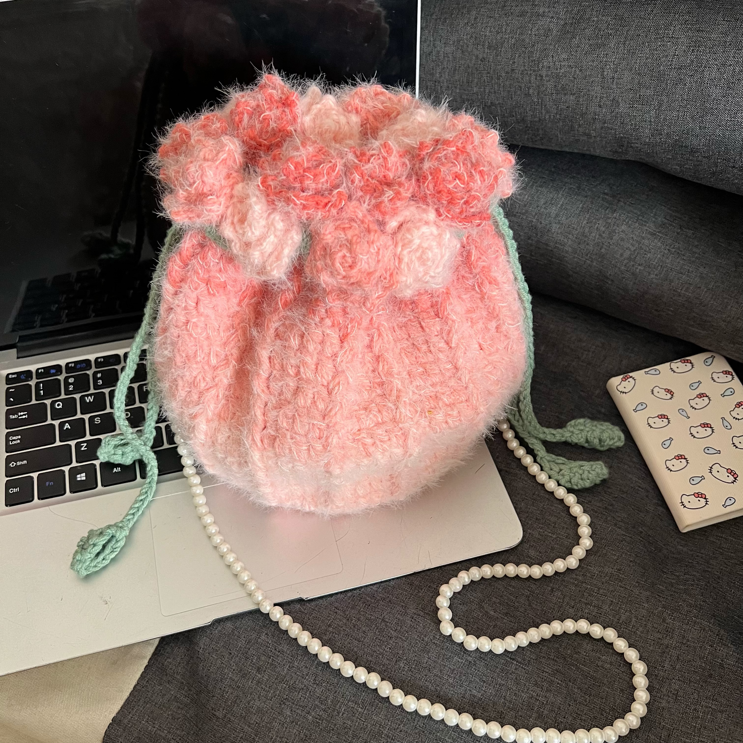 包包钩织diy材料包桃桃莓莓粉渐变玫瑰花束包包送女生礼物