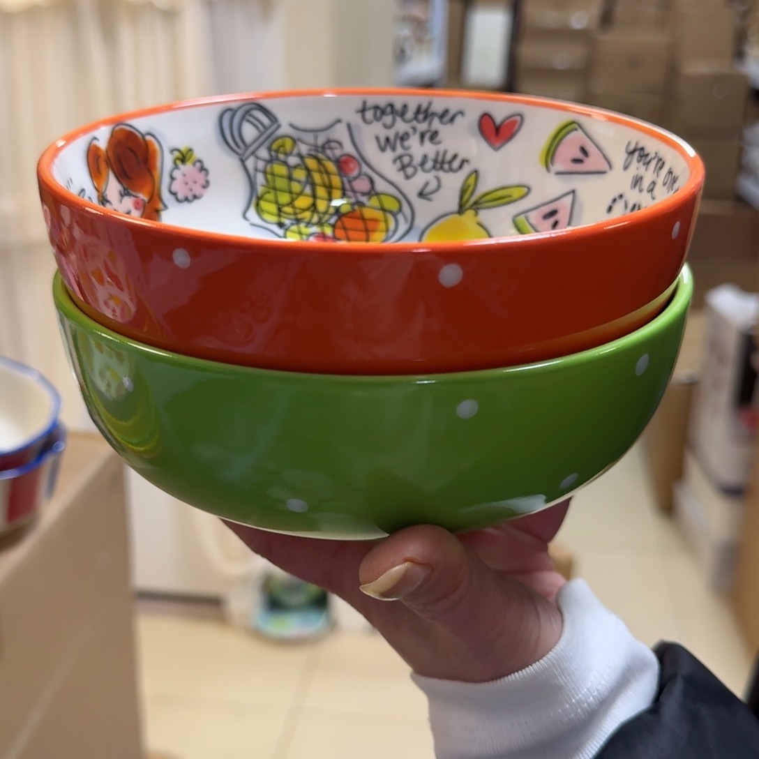 瓷片6.5英寸波点沙拉碗2只，橘，绿