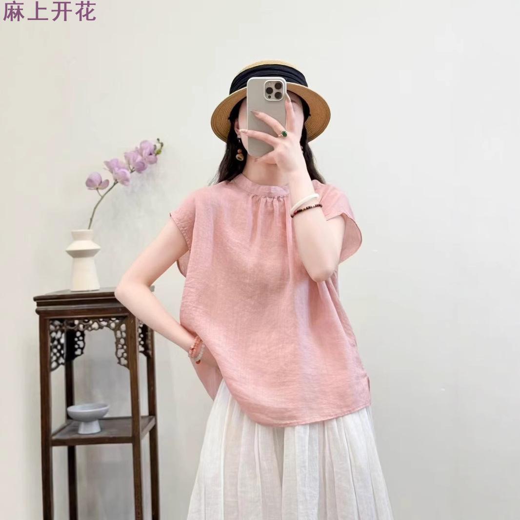 复古文艺薄款42支苎麻立领两面穿女衬衫2025新款简约气质纯色小衫