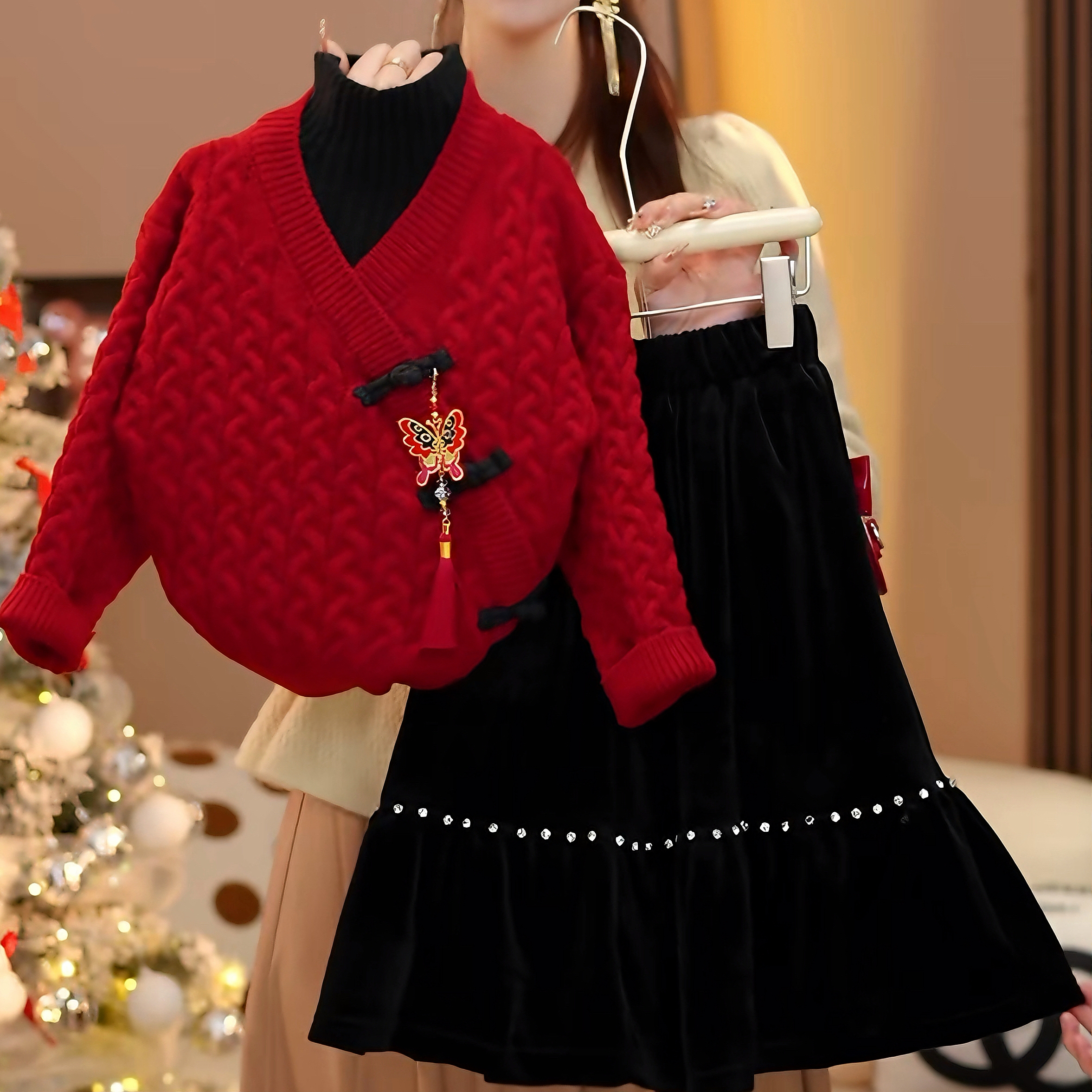 米小逗YT女童2025冬款女童国风假两件红毛衣新中式微喇裤套装m306