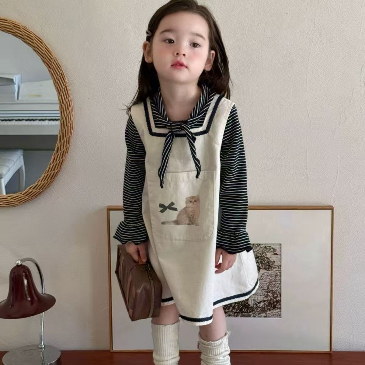 女童童装2025秋季新款女童小童韩版条纹可爱小猫背心裙套装两件套