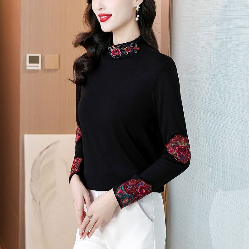 新中式重工刺绣高领长袖女士秋冬磨毛加绒内搭保暖民族风