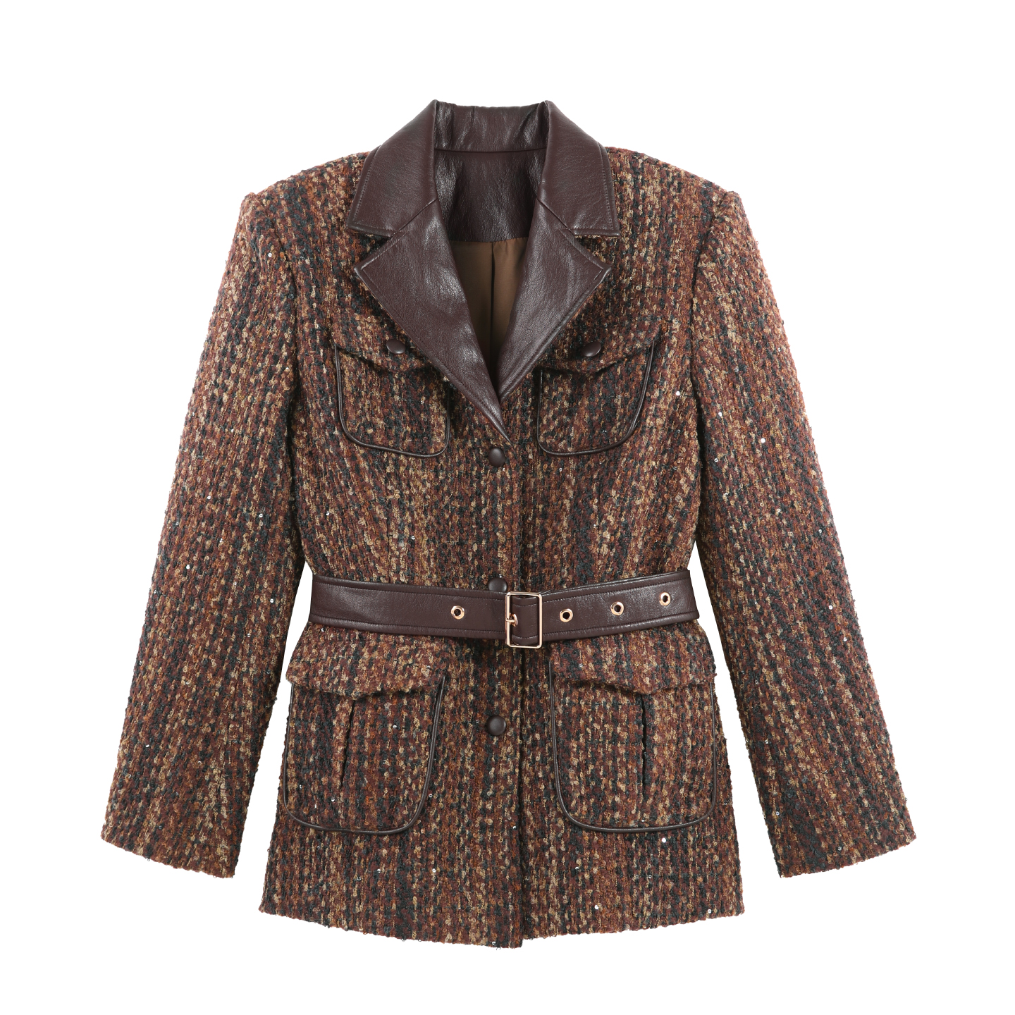 冬复古摩登皮领拼接腰带收腰粗花呢西装外套HBZW800126【赠送腰带】