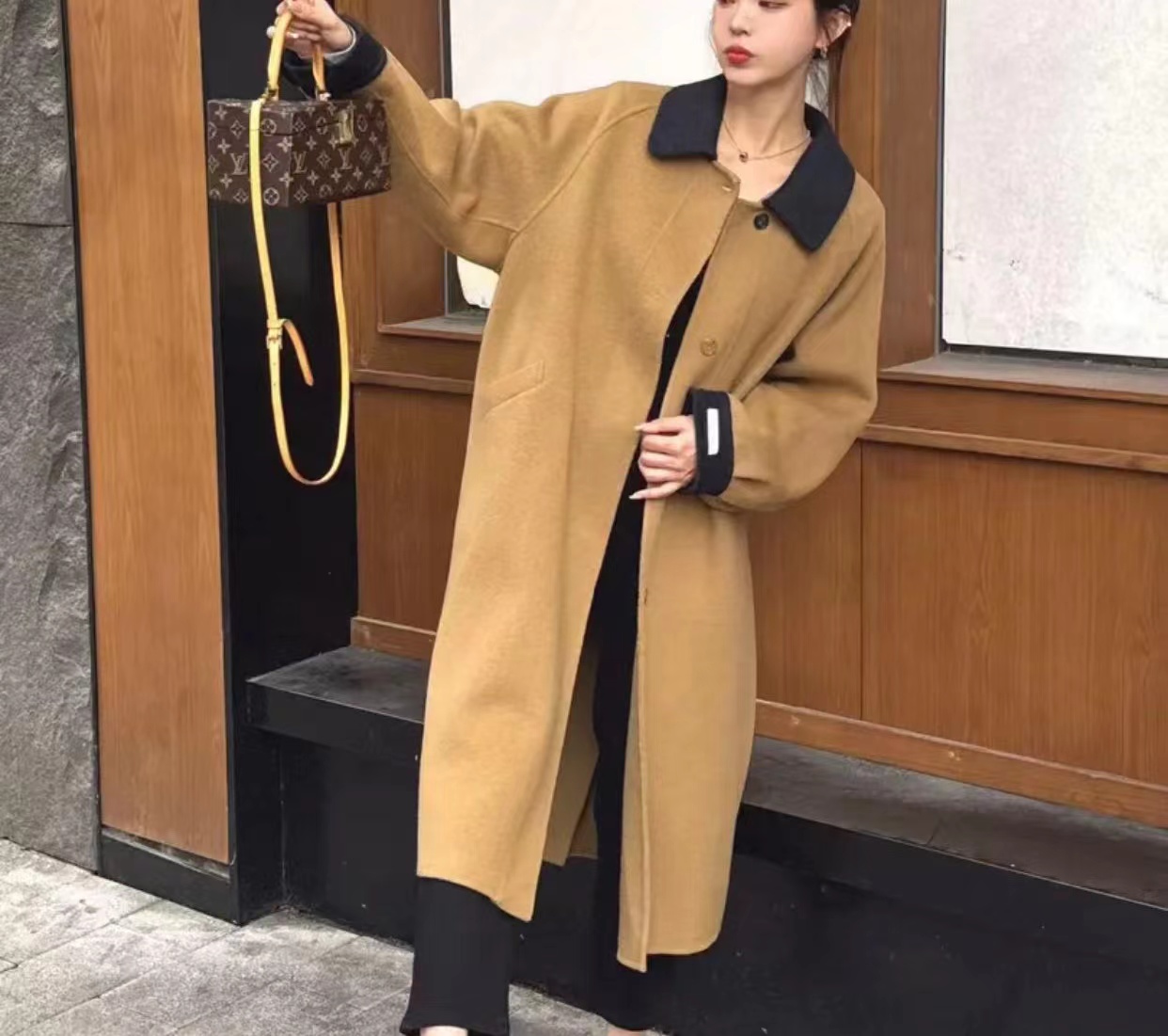 【MissWen】2025秋冬长袖翻领拼色毛呢外套大衣宽松网红设计师28305