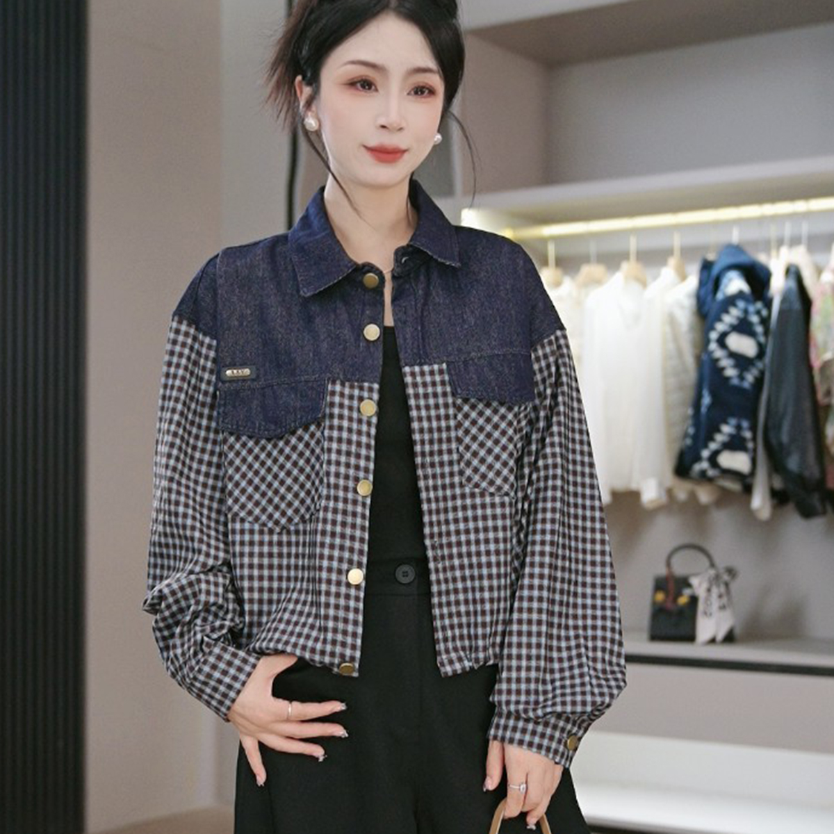 开襟女系带秋季春秋翻领短款百搭短外套长袖牛仔