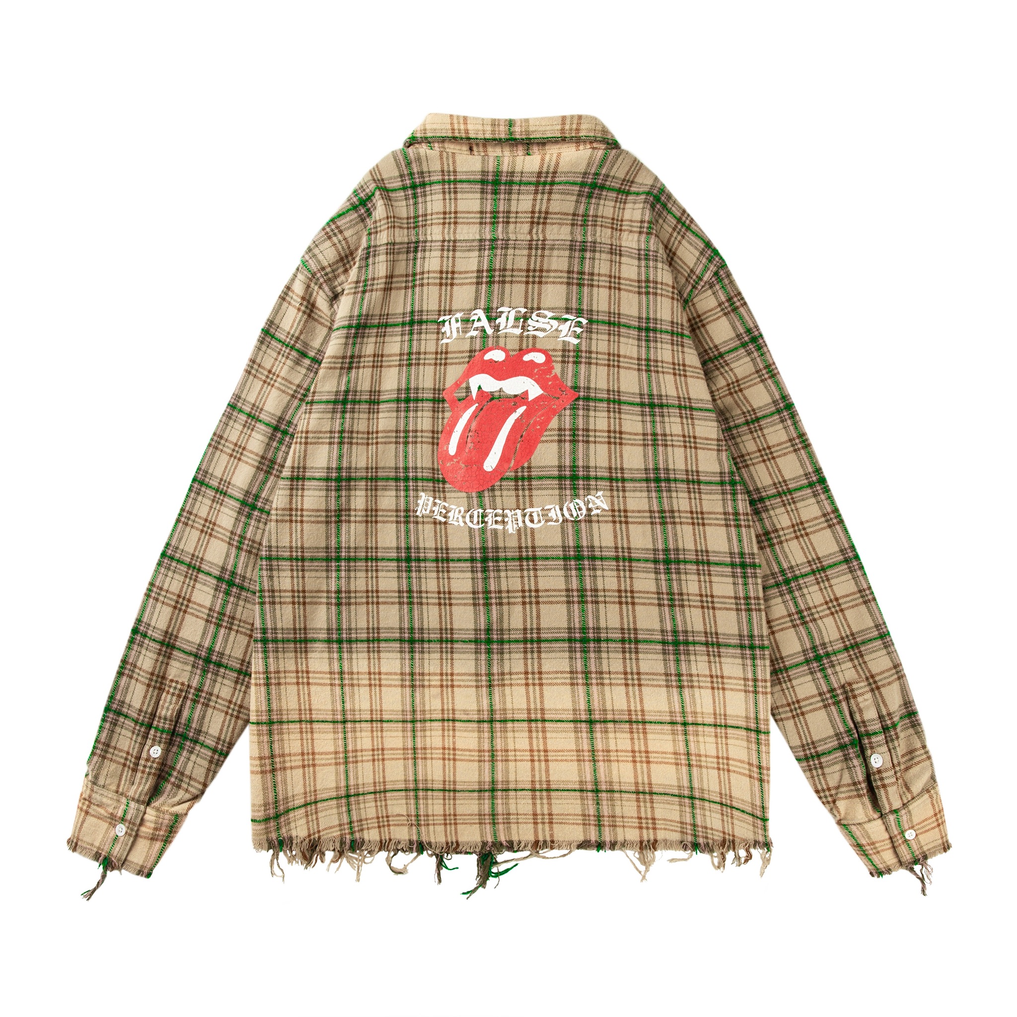 False perception血牙褪色水洗格子破坏做旧衬衫