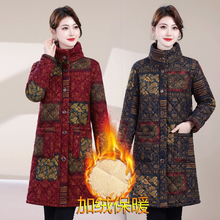 冬季新款妈妈加绒加厚棉衣中老年立领棉袄中长款棉服保暖外套