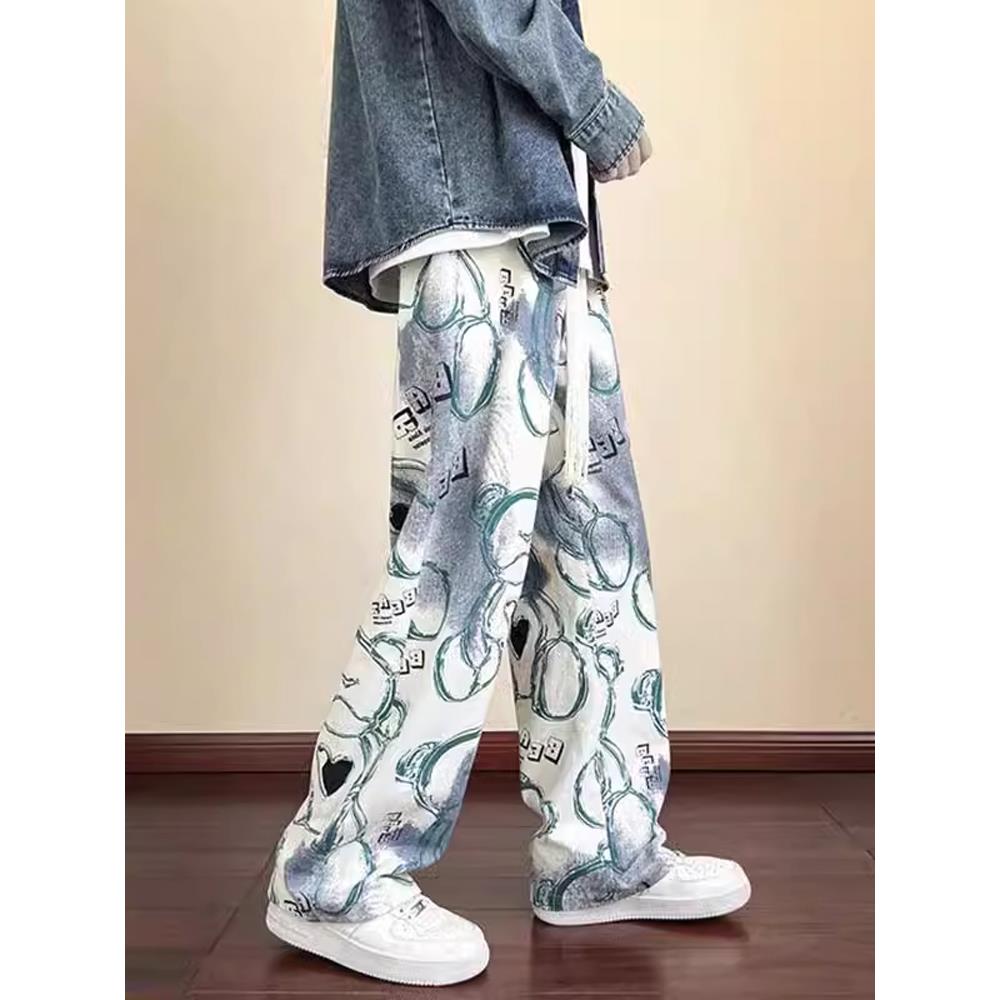 小熊印花裤子男士秋季新款日系就阔腿裤青少年大码宽松休闲长裤