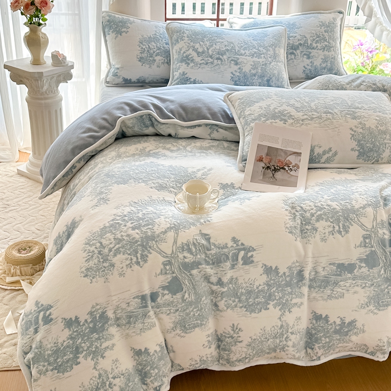 冬季雕花牛奶绒四件套轻奢高级感加厚被套法兰珊瑚绒面床上用品