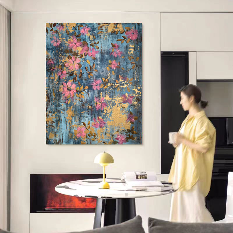 《蓝底绯花》75*100含内框，刘春建手绘油画装饰画，客厅背景墙挂画