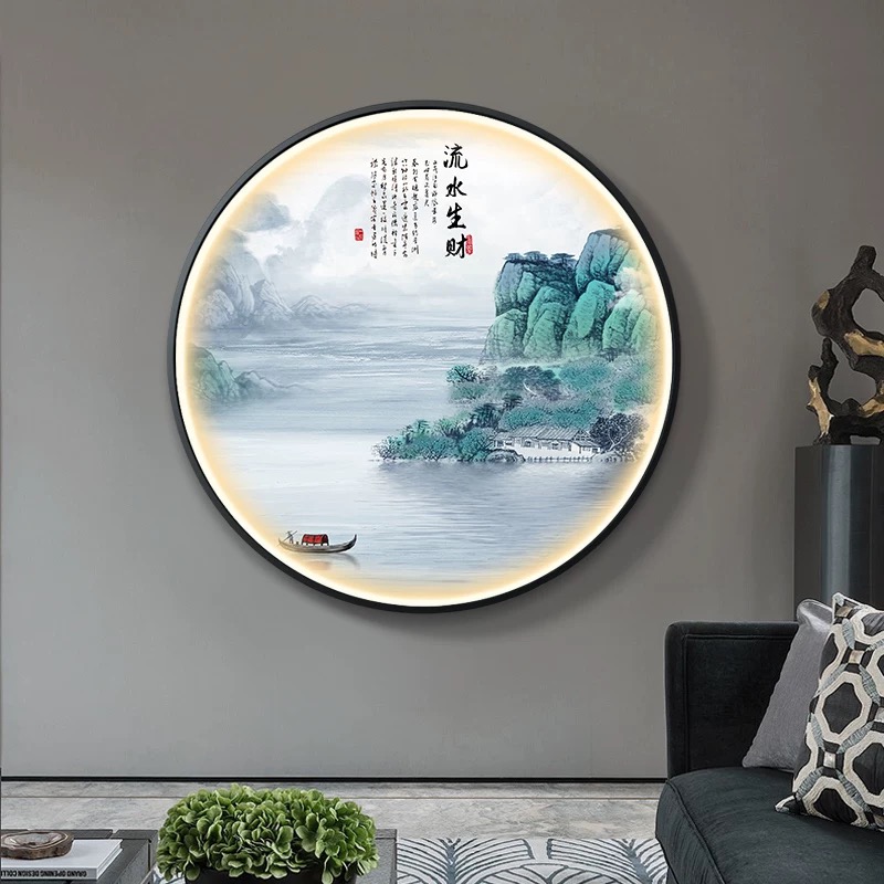 新中式玄关挂画禅意画入户餐厅装饰画茶室圆形晶瓷画走廊过道山水