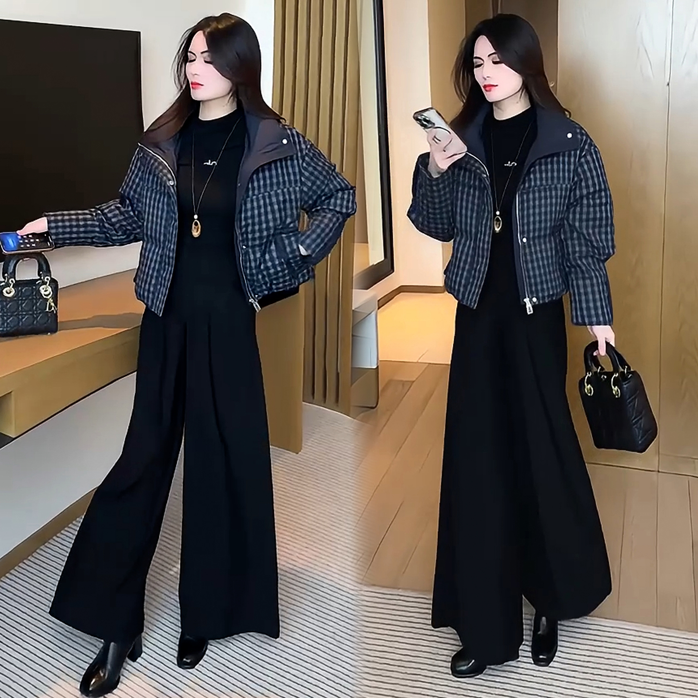 时尚格子短款棉服女2025冬季新款洋气立领显瘦面包服洋气棉袄外套