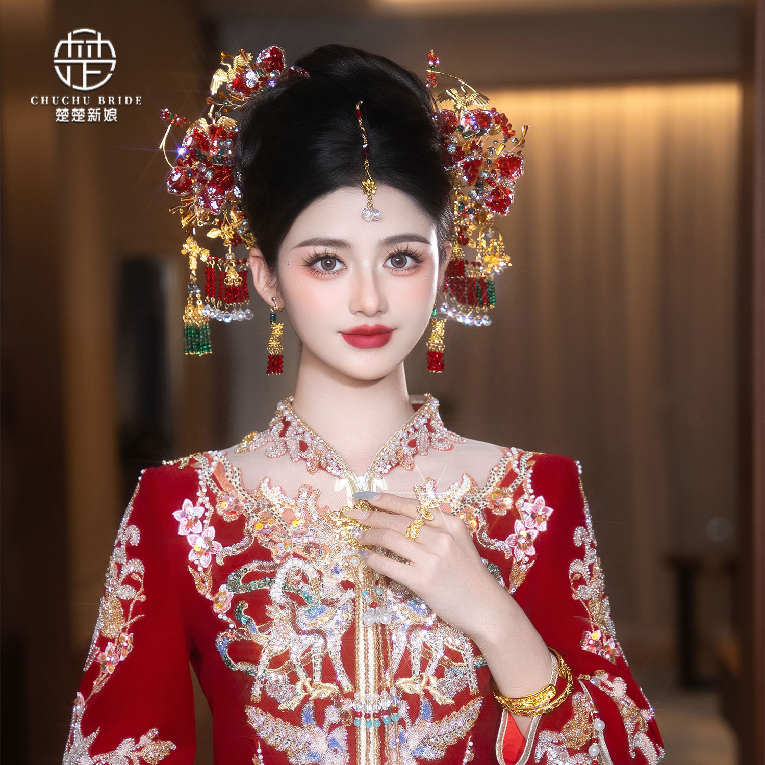 新娘头饰金红色秀禾服配饰中式婚礼龙凤褂造型发饰百搭跟妆饰品女