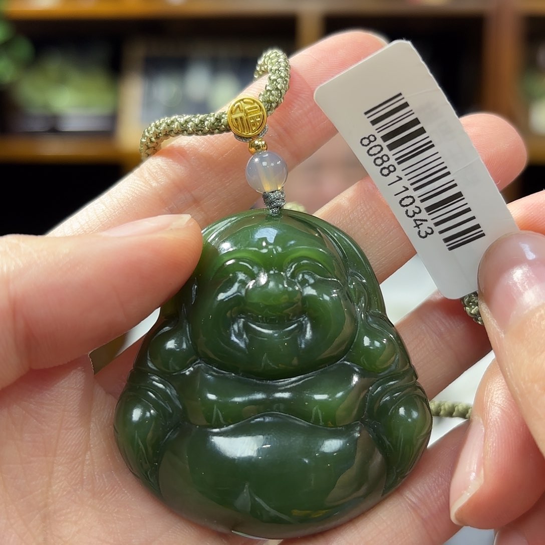 和田玉（碧玉）吊坠佛公18K金镶嵌