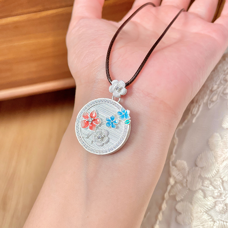 吊坠足银珐琅  「花满图」足银999.9罗盘编绳描金吊坠国风吊坠项链
