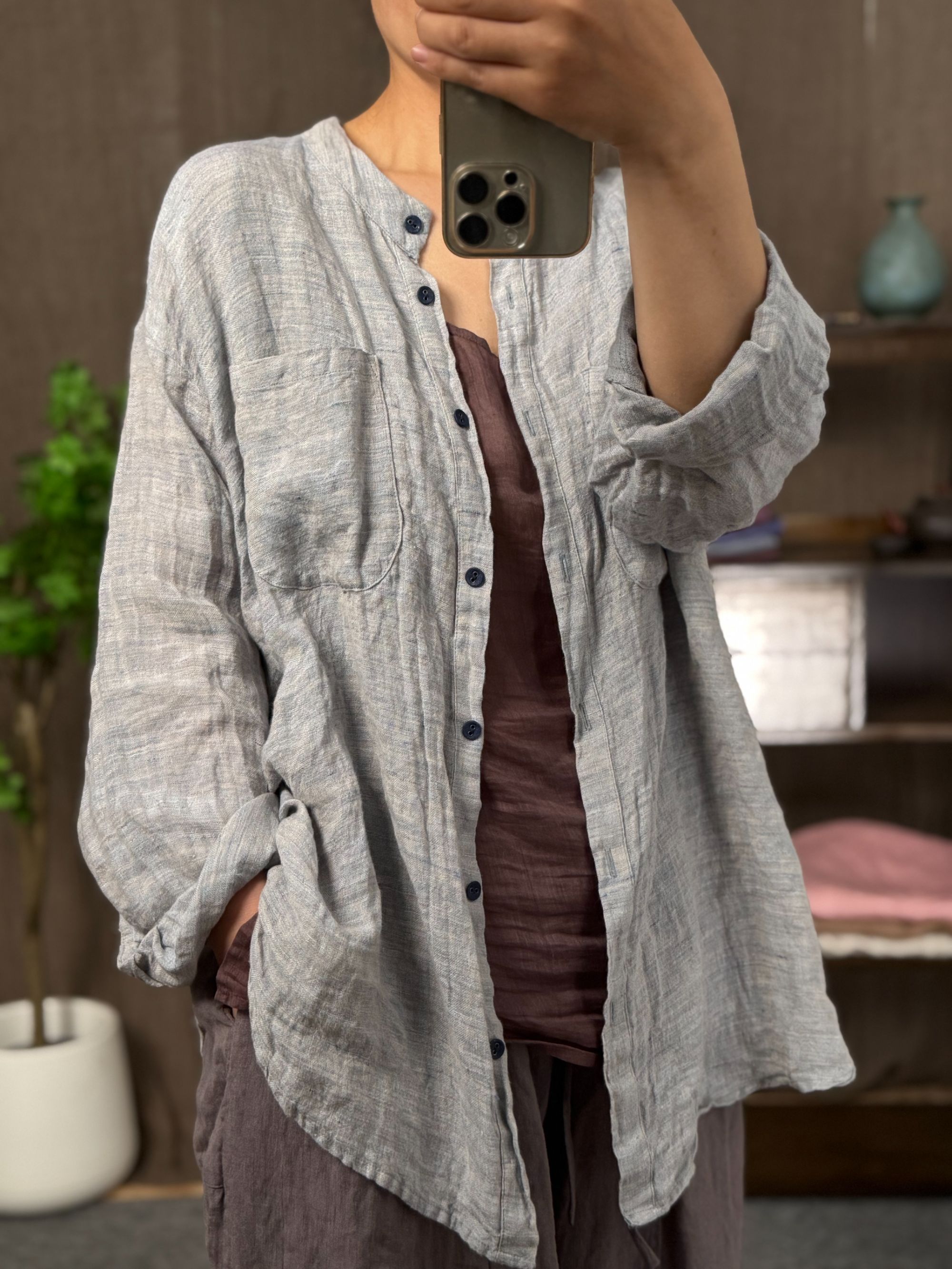 SJ610   色织亚麻文艺休闲百搭松弛手工扣开衫衬衫外套