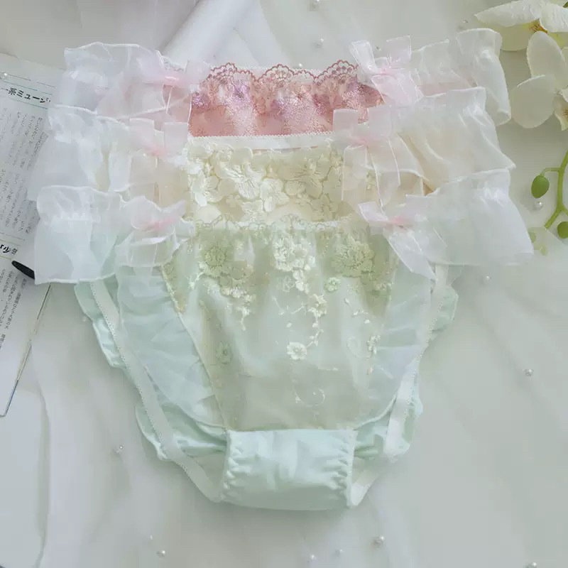女士牛奶丝中腰蕾丝花边蝴蝶结小清新三角内裤