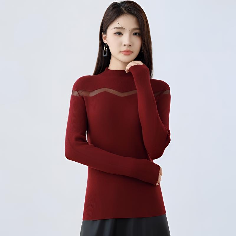 长袖羊毛羊绒秋季女拼接中高领毛衣秋冬套头修身加厚时尚百搭