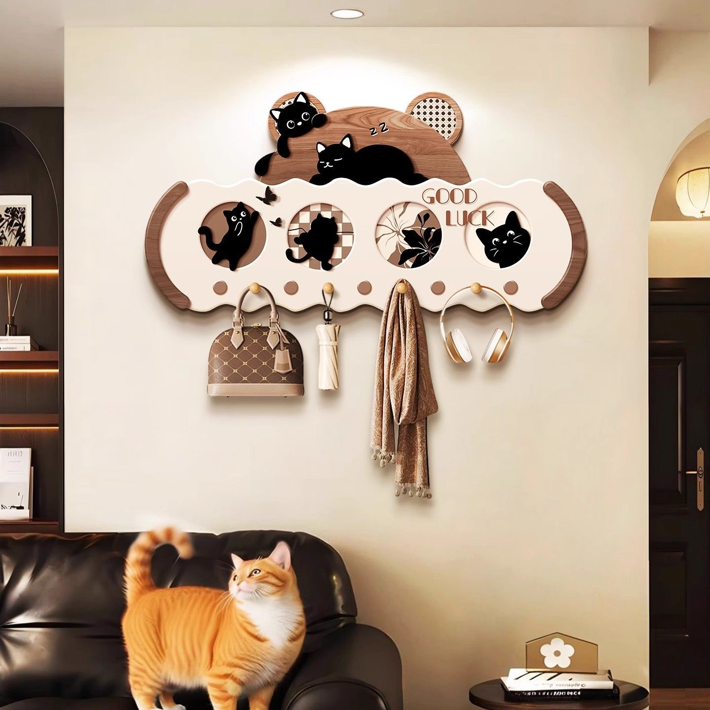 关门装饰挂衣架高级钥匙挂钩收纳创意衣帽架洞洞板猫咪